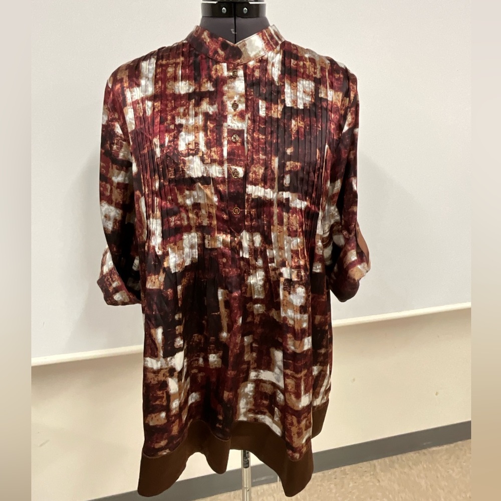 Belissimo New York Womens Small 3/4 Sleeve Brown Blouse 1/4 Button Back Tie